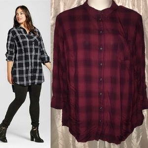 Burgundy plaid longline button up shirt
